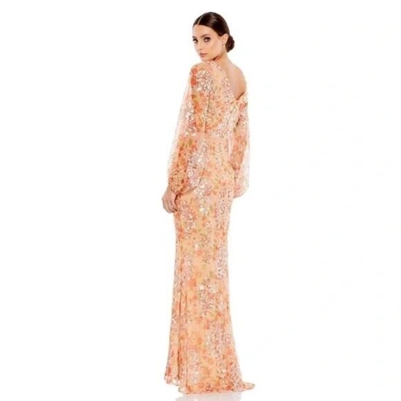 MAC DUGGAL Floral Sequin Long Sleeve Gown Dress in Apricot Size 12 NWT 93547 - Picture 3 of 8